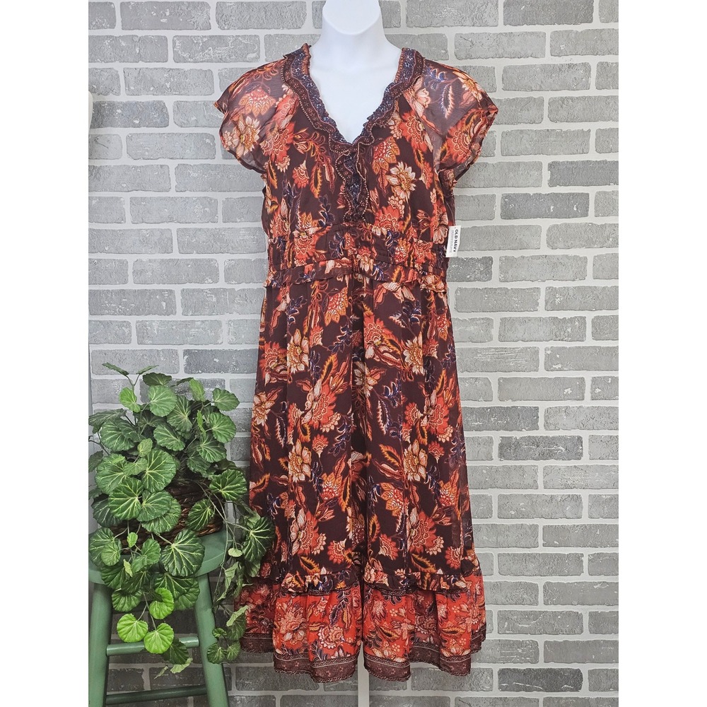 Old Navy Women's XL Floral Print Dress‎ Brown Orange Ruffle Fall Autumn NWT